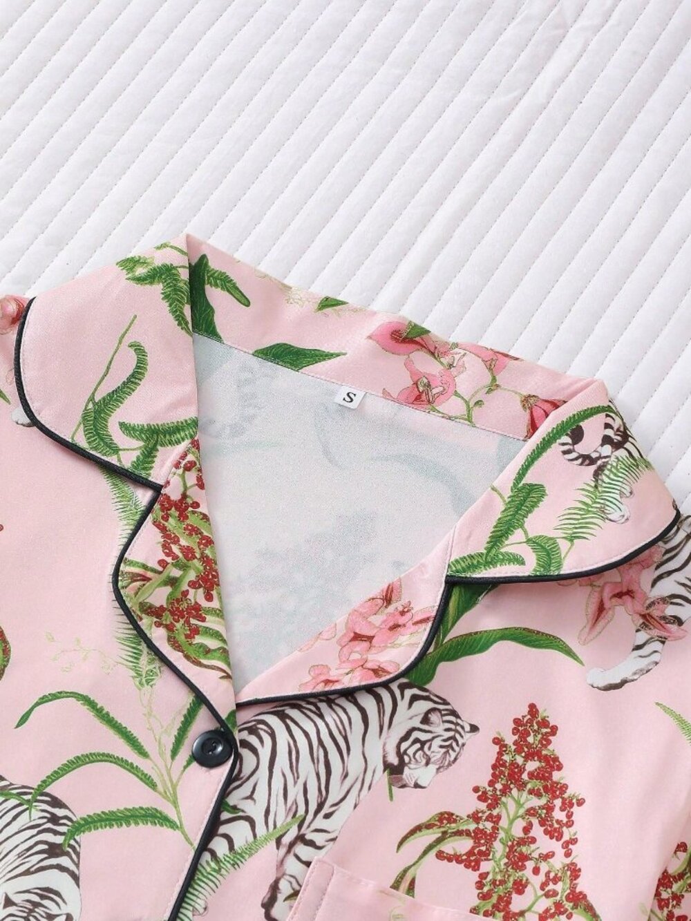 Pink Floral Tiger Print Women's Pajama Short Sleeve Collared Top and Shorts set - Picture 3 of 8